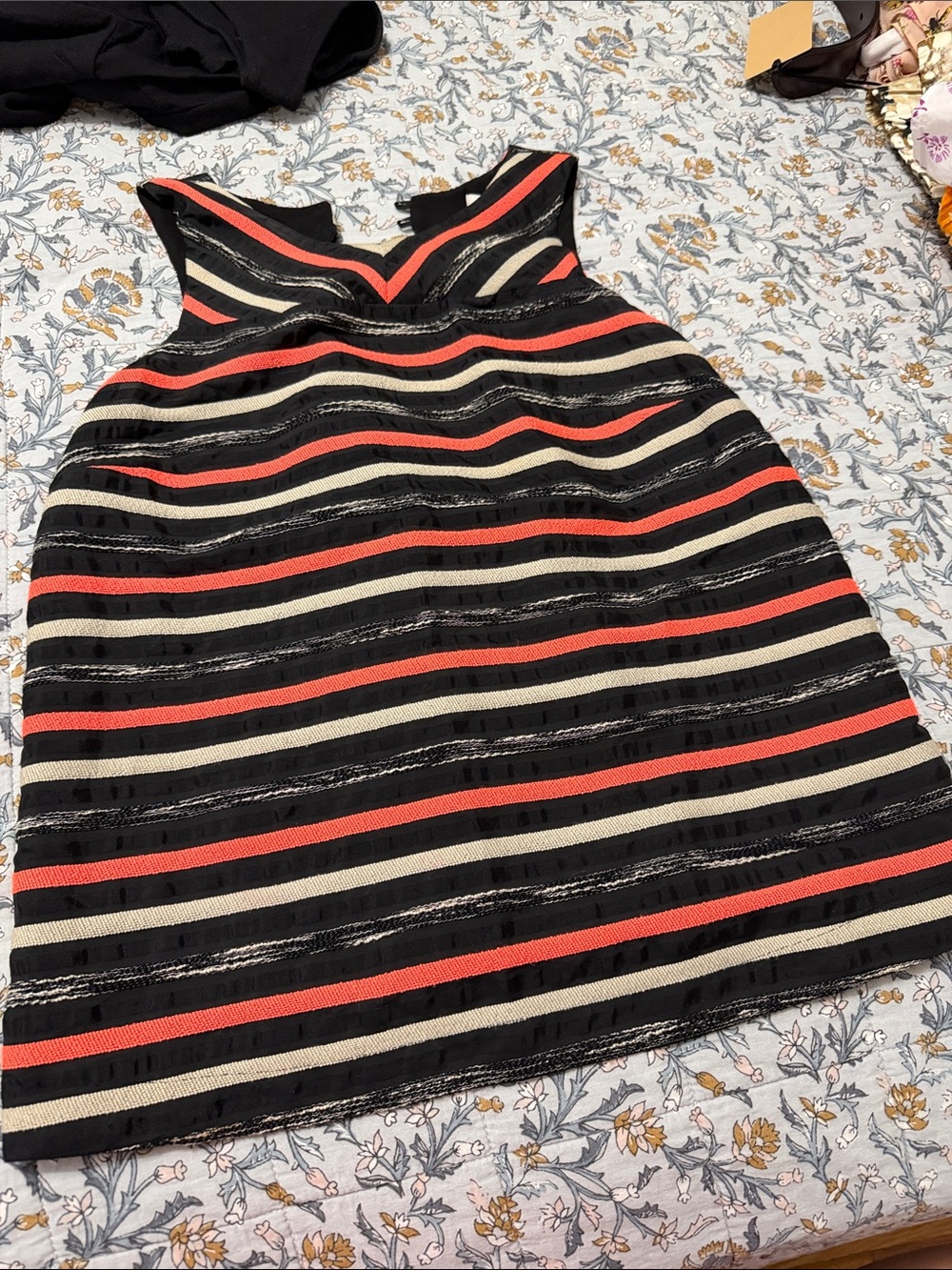 HD in Paris Striped V-Neck Tank Top in Black, Cream & Coral